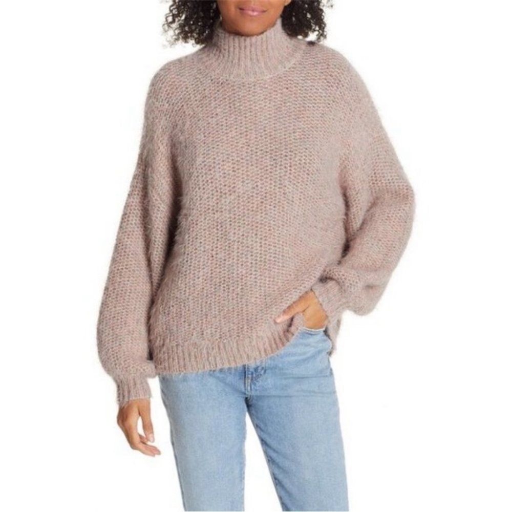 FUZZY Joie Markita Alpaca Blend Mock Neck Fuzzy Pink Sky Sweater Size Large EUC